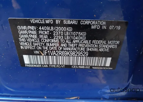 2019 Subaru Wrx Sti из США, поврежденный, VIN JF1VA2R69K9829529